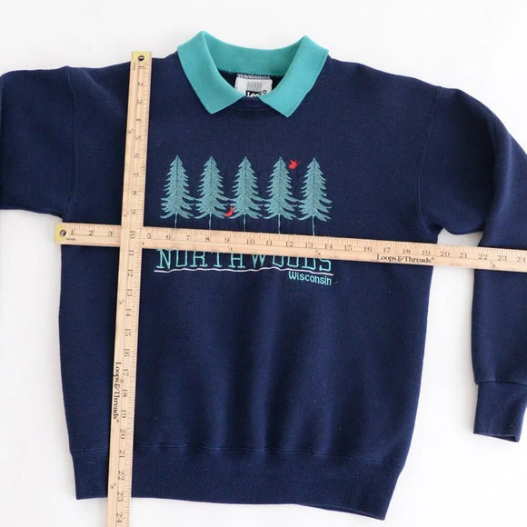Vintage Lee Heavyweight Navy Embroidered Northwoods Wisconsin Collared Sweater M - Picture 4 of 13
